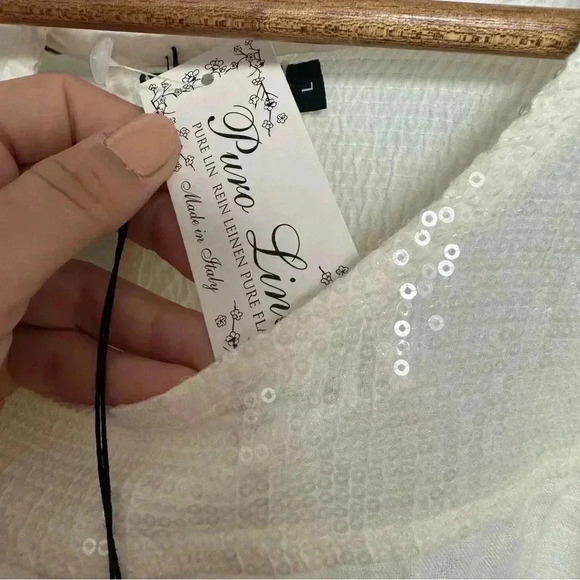 NWT ITALIAN LINEN DRESS WITH SEQUINS SHABBY CHIC COTTAGECORE COASTAL COWGIRL L - Picture 5 of 6